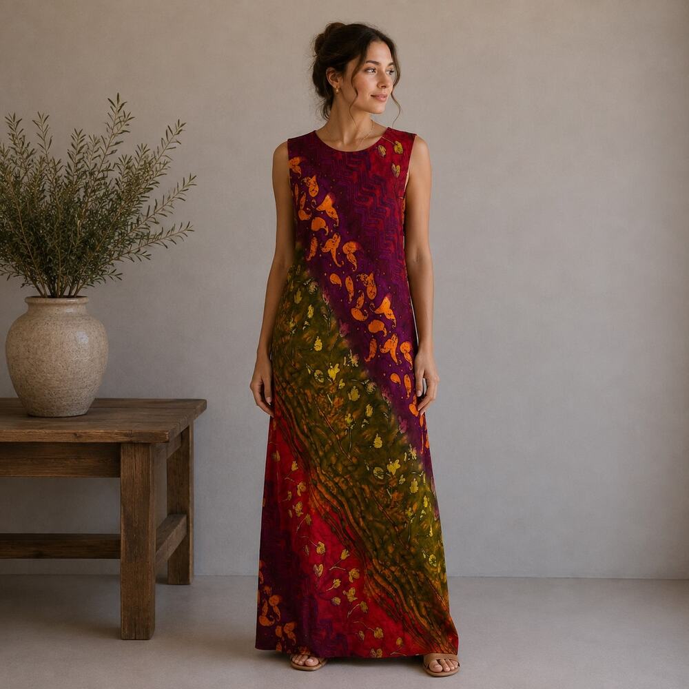 Carol Little Red Green Print Maxi Dress 14 Vintage